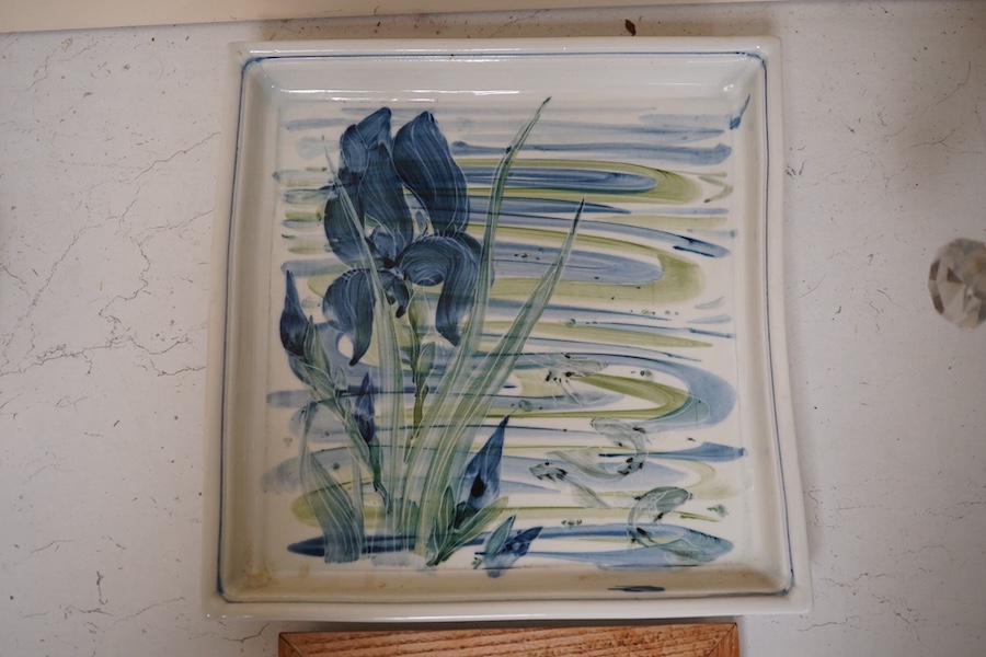Jonathan Chiswell Jones, a square aquatic dish and floral teapot stand, each signed to the bases, largest 27cm wide. Condition - good